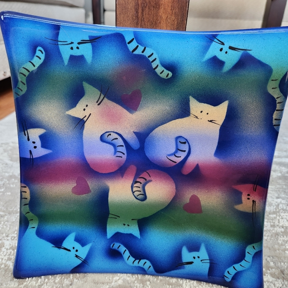 Colorful Cat Design Decorative Plate, 10 1/2", signed by artist Judith Stiles